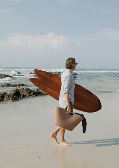 a person walking on the beach with a surfboard in their hand and another person carrying it