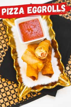 a plate with some food on it and a red sign that says pizza eggrolls