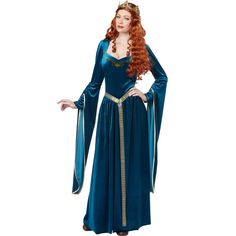 This gorgeous gown is fit for a queen. Transform into a legendary queen with this Lady Guinevere costume for women. This stunning teal dress boasts long elegant bell sleeves along with an intricate ribbon belt for a look that's majestic. This costume is perfect for dressing up as King Arthur's wife or for any Renaissance look. Guinevere Costume, Lady Guinevere, Robin Hood Costume, Wench Costume, Ella Enchanted, California Costumes, Costume For Women, Queen Costume, Medieval Costume