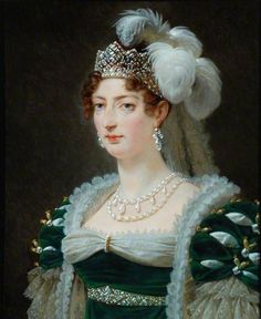 a painting of a woman wearing a green dress and tiara with feathers on her head