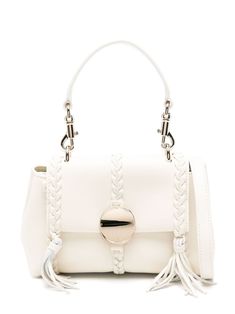 ivory white calf leather grained texture braid detailing tassel detail foldover top with clasp fastening single detachable top handle adjustable shoulder strap main compartment internal slip pocket leather lining gold-tone hardware This piece comes complete with a protective dust bag. White Leather Shoulder Bag With Fold Over Clasp, White Top Handle Satchel With Braided Handles, Chanel 2, Iconic Bags, Demi Fine Jewelry, Chloe Bag, Mini Shoulder Bag, Fine Earrings, Ballet Flat Shoes