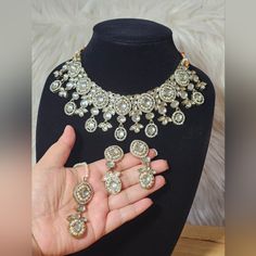 Brand New. Premium Quality Bollywood Indian Pakistani Semi Bridal Kundan Necklace, Earrings , Mangtika. Bundle Discount Avaiable. Great Quality Ships Next Business Day Elegant Silver Jewelry With Mirror Work, Elegant Jewelry Sets With Mirror Work For Gifts, Silver Kundan Necklace With Matching Earrings For Festivals, Silver Jewelry Sets With Mirror Work For Celebration, Elegant Jewelry With Mirror Work As A Gift, Elegant Jewelry With Mirror Work For Gift, Elegant Party Jewelry Sets With Mirror Work, Silver Kundan Bridal Necklace With Matching Earrings, Silver Jewelry Set With Mirror Work For Party