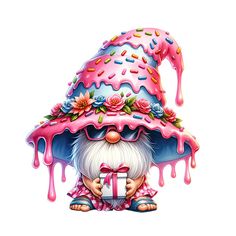 a painting of a gnome holding a gift in front of it's face with pink icing and sprinkles