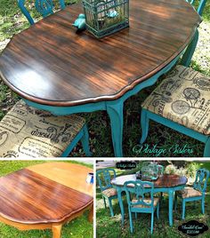 an old table and chairs are painted in teal