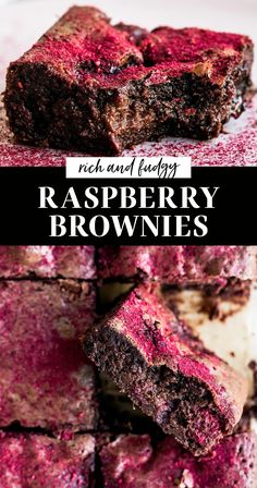 raspberry brownies stacked on top of each other with the words rich and fluffy