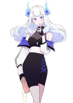 an anime character with long white hair and blue eyes holding a cell phone in her hand