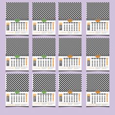 six calendars with black and white checkered squares on them, each showing the same month