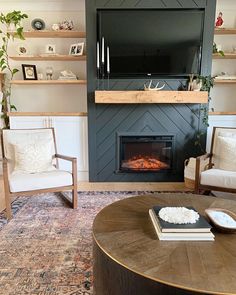 a living room filled with furniture and a fire place next to a wall mounted tv