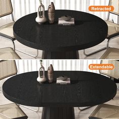 two pictures of a table with chairs and vases on it