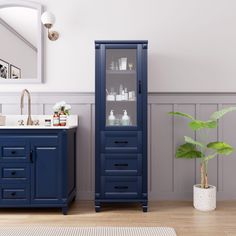 a bathroom with blue cabinets and a plant in the corner next to the sink area