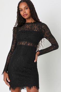 Satisfy your craving for something sexy with the Lulus Appetite for Seduction Black Lace Long Sleeve Dress! Sheer eyelash lace overlay shapes a mock neckline and long sleeves, while knit lining creates a sexy two-piece look. Darted bodice extends into a curve-loving, bodycon mini skirt. Hidden back zipper. Fit: This garment fits true to size. Length: Mid-thigh. Size medium measures 37.25" from shoulder to hem. Bust: Works best for A to C cup sizes - consider sizing up for fuller bust. Waist: Fit Fall Lace Dress With Sheer Sleeves, Long Sleeve Bodycon Lace Dress, Fall Party Dress With Lace Top, Bodycon Long Sleeve Lace Dress, Long Sleeve Lace Mini Dress With Scalloped Lace, Long Sleeve Bodycon Lace Dress For Party, Bodycon Long Sleeve Lace Dress For Party, High Neck Lace Dress For Party, High Neck Lace Dress For Evening