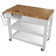 a large wooden cutting board sitting on top of a white cart