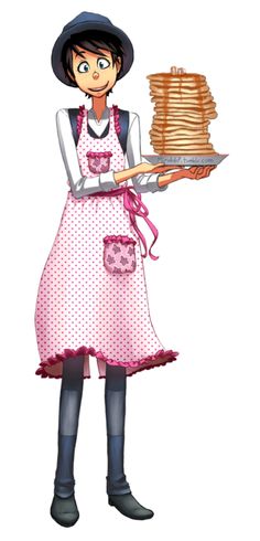 a woman in an apron holding a stack of pancakes on a platter with the words,