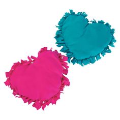 two blue and pink heart shaped mitts on a white background, one with ruffled edges