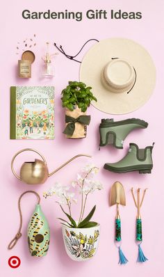 gardening gift ideas on a pink background