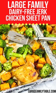 a sheet pan filled with chicken, broccoli and sweet potatoes