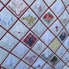 a close up of a quilt with many different designs on it and red trim around the edges