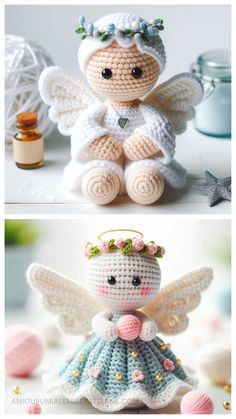 crocheted angel doll sitting on top of a table