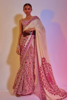 Hand Embroidered Sarees, Ivory Saree, Cocktail Sarees, Silk Printed Saree, Indian Fits, Saree Drape, Bridesmaid Saree