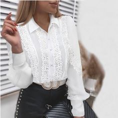 Lace Patchwork Hollow Out Long Sleeve Crew Neck Button Mesh White Vintage Shirt









 Measurement difference from 1-3cm,1 cm=0.39 inch







Size/Tag

Bust

Sleeve

Length





Cm/Inch

Cm

Inch

Cm

Inch

Cm

Inch





S

90

35.10

59

23.01

60

23.40





M

94

36.66

60

23.40

61

23.79





L

98

38.22

61

23.79

62

24.18





XL

102

39.78

62

24.18

63

24.57





2XL

106

41.34

63

24.57

64

24.96 Suit Green, Women Lace Blouse, Crochet Lace Blouse, Girl Night, White Collared Shirt, Patch Work Blouse, Dog Pets, Mesh Blouse, Lucky Dog