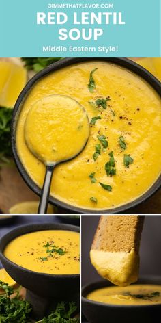 red lentil soup in a skillet with bread and parsley on the side