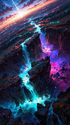 an abstract painting of water flowing down the side of a mountain with colorful lights on it