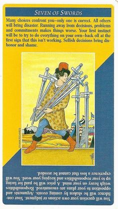 the back cover of an old card with a cartoon character holding swords in his hands