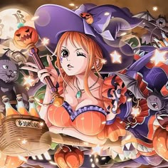 a woman dressed as a witch holding a broom in front of halloween decorations and cats