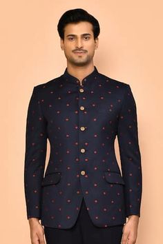 Navy blue bandhgala with contrast red polka pattern thread embroidery. Comes with pant. - Aza Fashions Fitted Red Bandhgala For Eid, Designer Fitted Bandhgala For Festive Occasions, Designer Fitted Nehru Jacket For Festivals, Red Fitted Bandhgala For Eid, Fitted Red Bandhgala For Festive Season, Red Fitted Bandhgala For Festive Season, Cotton Bandhgala With Intricate Embroidery Bollywood Style, Tailored Kurta For Festive Occasions, Fitted Nehru Jacket For Semi-formal Diwali