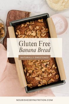 gluten free banana bread in a baking pan on a table with other ingredients