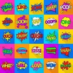 colorful comic speech bubbles with the words pop art in different colors and shapes on them