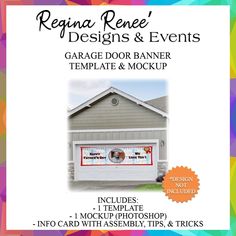 the garage door banner mockup is displayed in front of a house with colorful background