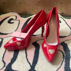 Gorgeous Bnwt Juicy Couture Red Patent Leather Glitter Heart Pumps. Absolutely Gorgeous! A Must Have Pair Of Shoes Red Pointed Toe Heels For Valentine's Day, Chic Round Toe Heels For Valentine's Day, Valentine's Day Chic Round Toe Heels, Juicy Couture Shoes, Heart Pump, Couture Shoes, Glitter Hearts, Red Heart, Red Gold