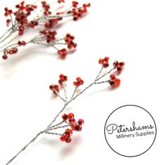 some red beads are attached to the stems of a twig plant that is sitting on a white surface