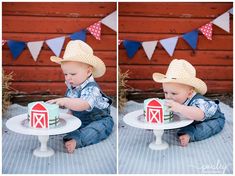 a little boy sitting on top of a table with a cake