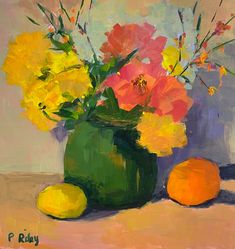 a painting of flowers in a green vase next to an orange