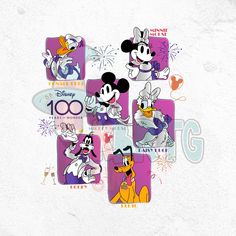 mickey mouse and friends cartoon characters on purple squares with fireworks in the sky behind them