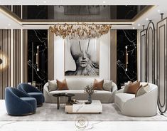 an elegant living room with marble floors and walls, chandelier hanging from the ceiling