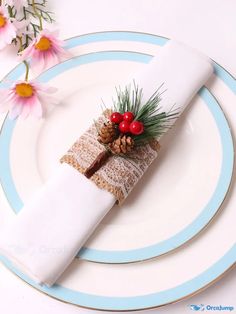 a white plate topped with a napkin covered in pine cones