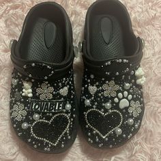 Handcrafted, Brand New Without Tags Girls Size 13/1. Black, Silver, And White Accessories Trendy Black Slip-on Clogs, Trendy Black Round Toe Clogs, White Accessories, Size 13, Kids Shoes, Black Silver, Clogs, Kids Shop, Brand New