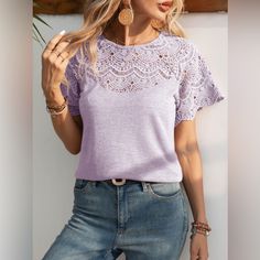 Features: Openwork Sheer: Opaque Stretch: Slightly Stretchy Material Composition: 95% Polyester, 5% Spandex Care Instructions: Machine Wash Cold. Tumble Dry Low. Imported Product Measurements: S:Bust 24.02 In, Top Length 36.61 In, Sleeve Length 10.24 In M:Bust 24.41 In, Top Length 38.19 In, Sleeve Length 10.43 In L:Bust 25.00 In, Top Length 40.55 In, Sleeve Length 10.63 In Xl:Bust 25.59 In, Top Length 42.91 In, Sleeve Length 10.83 In 2xl:Bust 26.18 In, Top Length 45.67 In, Sleeve Length 11.02 In Stretch Purple T-shirt For Spring, Feminine Crew Neck T-shirt, Stretch Purple Feminine Tops, Purple Stretch Feminine Top, Glitter Shorts, Mom Graphic Tees, Zara T Shirt, Floral Sleeveless Top, Polka Dot Shorts