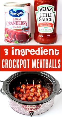 three ingredients for crockpot meatballs in an instant pot with text overlay