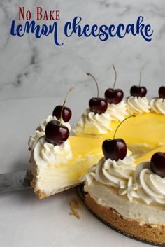 there is a lemon cheesecake with cherries on top