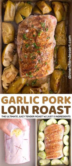 the recipe for garlic pork is shown in an oven with potatoes and cucumbers