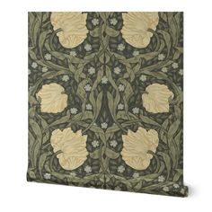 an intricately designed wallpaper with flowers and leaves in green, yellow and beige