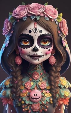 a girl with sugar skull makeup and flowers on her head, wearing an elaborate dress