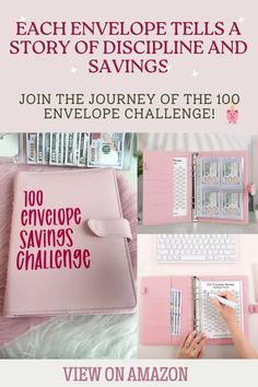 a pink notebook with writing on it and the words,'each envelope tells a story of