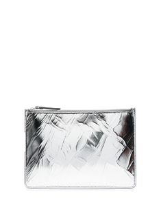 metallic-finish leather clutch bag from Maison Margiela featuring silver-tone, calf leather, metallic finish, textured finish, internal logo patch, top zip fastening and main compartment. Silver Leather Clutch, Patch Top, Broken Mirror, Leather Clutch Bag, Leather Clutch Bags, Fine Jewelry Bracelets, Custom Watch, Summer Beach Wear, Espadrille Shoes