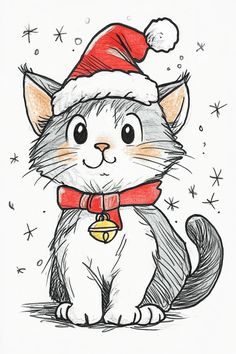 a drawing of a cat wearing a santa hat