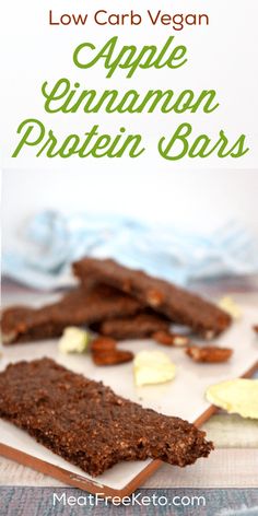 low carb vegan apple cinnamon protein bars on a cutting board with text overlay